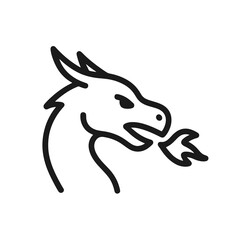Thin black vector dragon head icon with small flame, symbolizing power and fantasy elegance, perfect for modern minimalist designs.