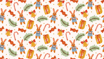 Christmas seamless pattern in flat cartoon style with plush bunny, gift, candy cane, bell, fir branch, and dot in messy order on beige background for holiday, cozy, and festive design projects.