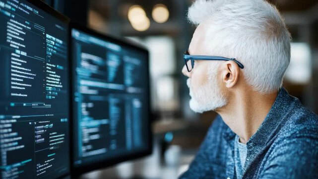 Focused programmer analyzing data multiple screens while working diligently computer technology