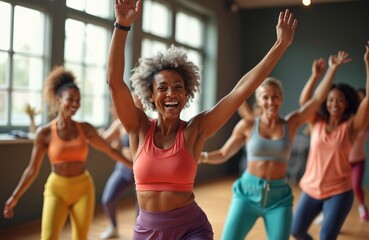 Group of women dance enthusiastically in fitness studio. Middle aged diverse ladies have fun during workout. Happy female dancers enjoy group training class.