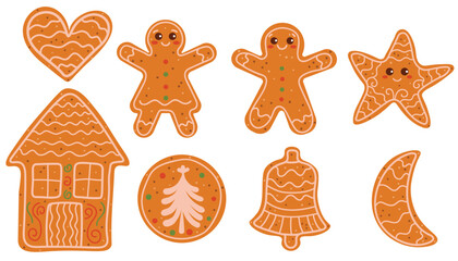 Cute flat cartoon set of Christmas gingerbread cookies set with house, star, heart, man, woman, bell, crescent, round cookie with spruce tree for winter, festive, holiday, and Christmas projects.