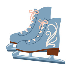 Blue female ice skates decorated with elegant curly lines in flat cartoon style. Winter sport and holiday season symbol, perfect for design, greeting cards, posters, and festive projects.