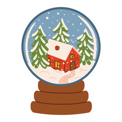 Cute Christmas snow globe with a tiny house and fir trees inside, drawn in flat cartoon style. Perfect for holiday cards, decor, winter design, cozy New Year atmosphere and festive projects.