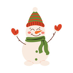 Cheerful snowman character with hat, scarf, and mittens in flat cartoon style. Ideal for Christmas greeting, festive decoration, kids design, poster, postcard, or seasonal illustration.