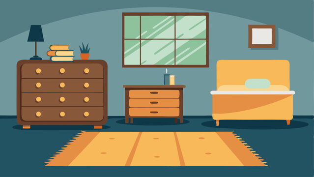 A bedroom with a mix of textures such as a gy rug a metalframed bed and a wooden chest of drawers.