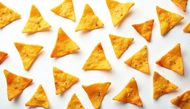 Golden corn tortilla chips arranged in scattered pattern against clean white backdrop. Triangular crisps, seasoned with specks of spices, offer classic snack appeal suitable for various food related
