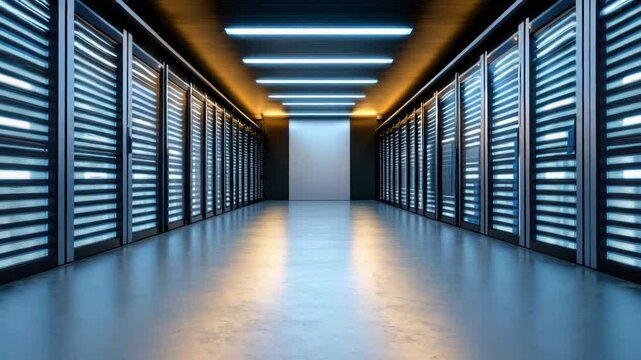 Illuminated Modern Data Center Corridor Showcasing Technology and Storage Solutions in Server Room