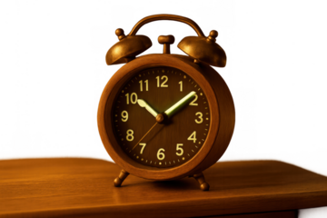 Bronze retro style alarm clock with illuminated hands and numbers on a wooden surface, symbolizing waking up and deadlines