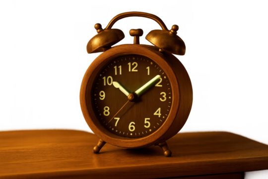 Bronze retro style alarm clock with illuminated hands and numbers on a wooden surface, symbolizing waking up and deadlines