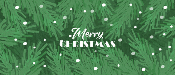 A banner with Christmas and New Year greetings. A trendy vintage greeting card with green pine branches, falling snow on a textured background. New Year banner for card, poster, cover, social media