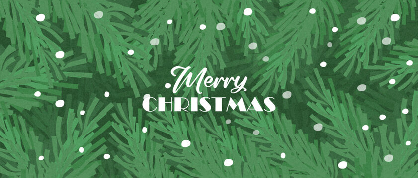 A banner with Christmas and New Year greetings. A trendy vintage greeting card with green pine branches, falling snow on a textured background. New Year banner for card, poster, cover, social media