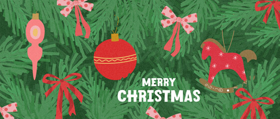 Merry Christmas and Happy New Year greeting card with pine branches, coquette bows ribbon, xmas red rocking horse toy, typography on textured background. Modern Minimal art banner, poster, cover 