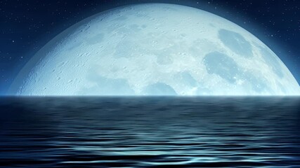 Giant Moon Rising Over a Quiet Ocean Under a Starry Night Sky - Powered by Adobe