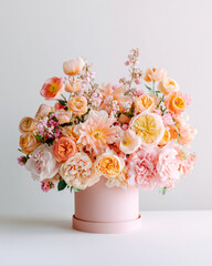 Luxurious floral arrangement featuring soft pastel blooms in a round pink box