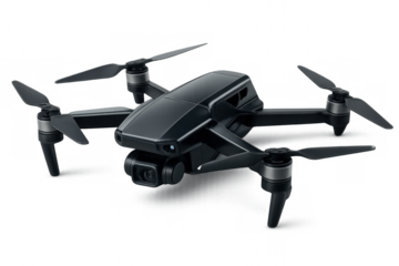 Modern black quadcopter drone with integrated camera, flying and recording aerial videos, transparent background