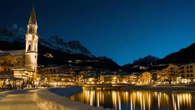 Snowy village at night with mountains, clock tower, winter landscape, and peaceful atmosphere