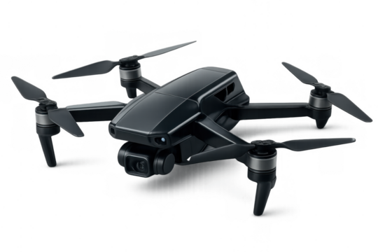 Modern black quadcopter drone with integrated camera, flying and recording aerial videos, transparent background