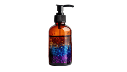 Amber bottle filled with layers of sparkling glitter on a dark background