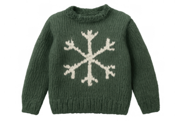Green knit sweater with white snowflake design, warm winter clothing for christmas holidays, isolated on transparent background
