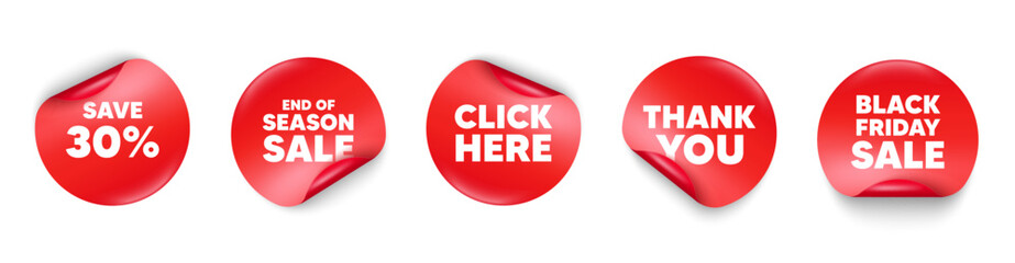 Fototapeta na wymiar Discount sticker tag. Season sale, Black friday paper price banners. Save 30 percent off tag. Sale Discount offer price sign. Special offer symbol. Thank you sticker. Vector