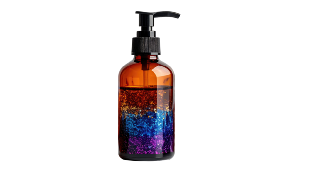 Amber bottle filled with layers of sparkling glitter on a dark background