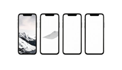Four phones in a row. The first shows mountain scene, second a minimalist mountain; others have blank white screens