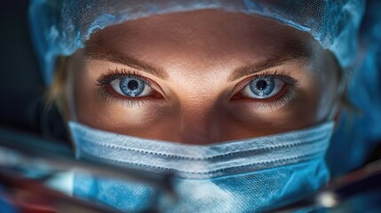 Intense blue eyes of a focused surgeon wearing a surgical mask and cap, illuminated in an operating room