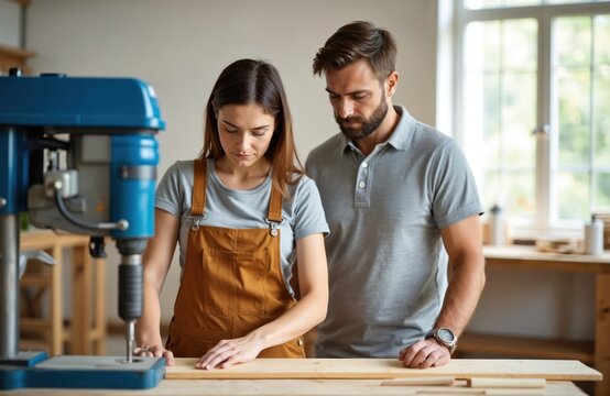 Man and woman work together in carpentry workshop with drill press. They craft wood pieces on table, focused on project. Teamwork, skill, and dedication shown in busy studio setting.