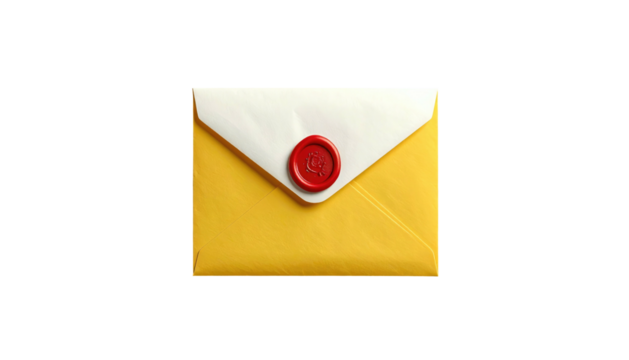 Yellow envelope, sealed with red wax, sits on a dark surface, creating a simple yet elegant composition