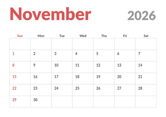 Monthly page Calendar Planner Template design of November 2026. Vector layout of calendar with week start Sunday for Scheduling. Page for size A4 or 21x29.7 cm