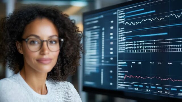 Professional woman with curly hair and glasses excels data analysis and technology modern office