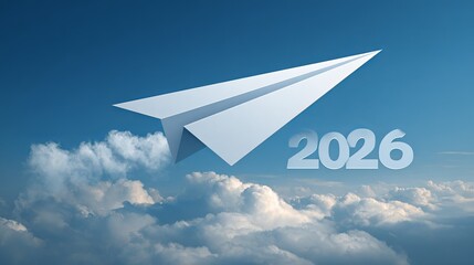 Fototapeta premium Soaring aspirations fly high for 2026 with paper airplane gliding through the clouds, optimistic future and bright blue skies ahead
