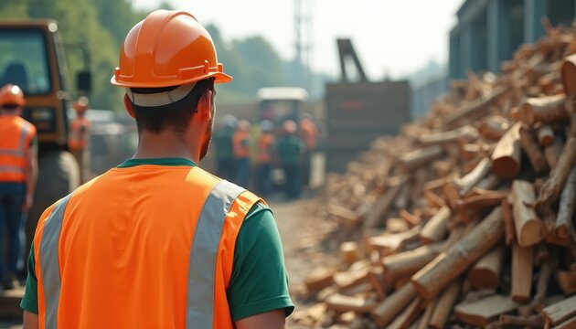 Man in orange hard hat, safety vest stands at lumber yard. Workers manage wood logs. Heavy machinery operates in background. Wood processing facility handles timber. Men work together at industrial