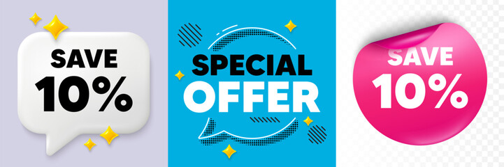 Discount speech bubble. 3d sparkles chat, Paper sticker. Save 10 percent off tag. Sale Discount offer price sign. Special offer symbol. Special offer bubble. Halftone dots pattern. Vector