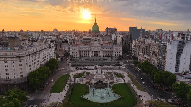 Buenos Aires, Argentina, October 21, 2025: Aerial view of the Congress, the Argentine National Congress, located in the city of Buenos Aires, Argentina at sunset. Legislative branch of Argentina.