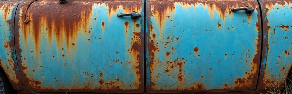 Close-up of weathered blue car doors showing significant rust and peeling paint. Aged metal surface displays streaks and spots of corrosion, highlighting decay and texture.