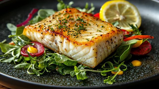Pan seared White Fish Fillet with Fresh Green Salad and Lemon