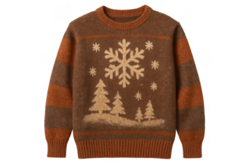 Brown knitted winter sweater with snowflake and pine tree patterns, rustic christmas knitwear on transparent background