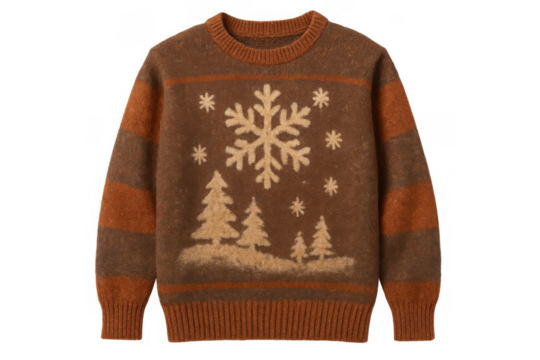 Brown knitted winter sweater with snowflake and pine tree patterns, rustic christmas knitwear on transparent background - Powered by Adobe