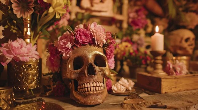 La Santa Muerte. Mexican Skull adorned with flowers. Calavera Grim Reaper - Altar with Floral sugar skull grim reaper in Mexican City Street.	
