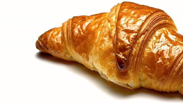 Golden flaky crescent-shaped croissant pastry resting on a clean white background