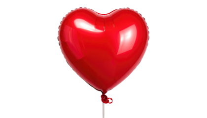 A shiny, red heart-shaped balloon floats against a black background, with its tied ribbon dangling below