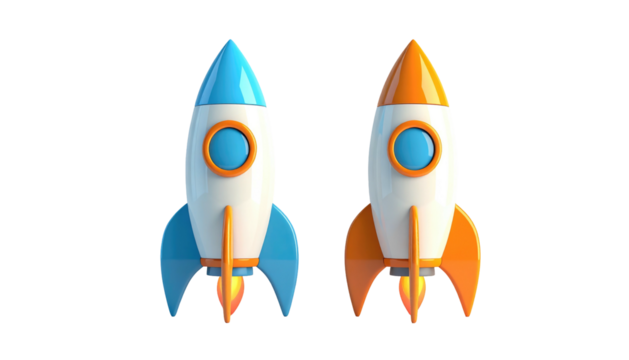 Two toy rockets, one blue and one orange, stand against a black background, simulating a cartoonish takeoff