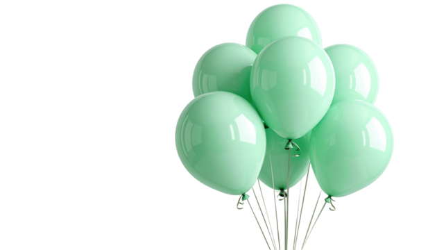 Light green balloons clustered together, bright, and celebratory against a solid black background with silver-colored strings
