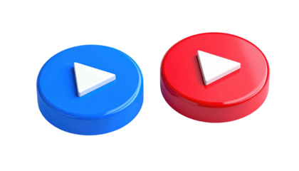 Rendered 3D play buttons in red and blue with white triangles on a dark backdrop, providing a simple interface element