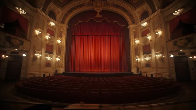 Ornate theater interior with closed red curtain and rows of red seating