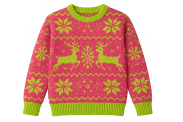 Pink and neon green christmas sweater featuring deer and snowflakes, winter holiday fashion wear, transparent background