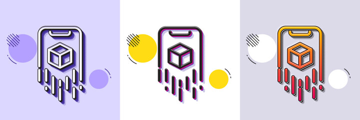 Augmented reality phone line icon. Halftone dotted pattern. Gradient icon with grain shadow. VR simulation sign. 3d cube symbol. Line augmented reality icon. Various designs. Vector