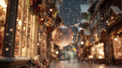 Obraz premium Sparkling Christmas Ornament Hanging in Festive Downtown Area with Snowfall at Night, Capturing Holiday Spirit. Image made using Generative AI.