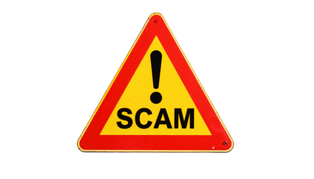 Triangular sign with black "SCAM" text and yellow exclamation point on a black background